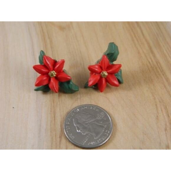 Holiday Vintage Poinsettia Post Earrings, Vintage Christmas Earrings - Picture 2 of 5